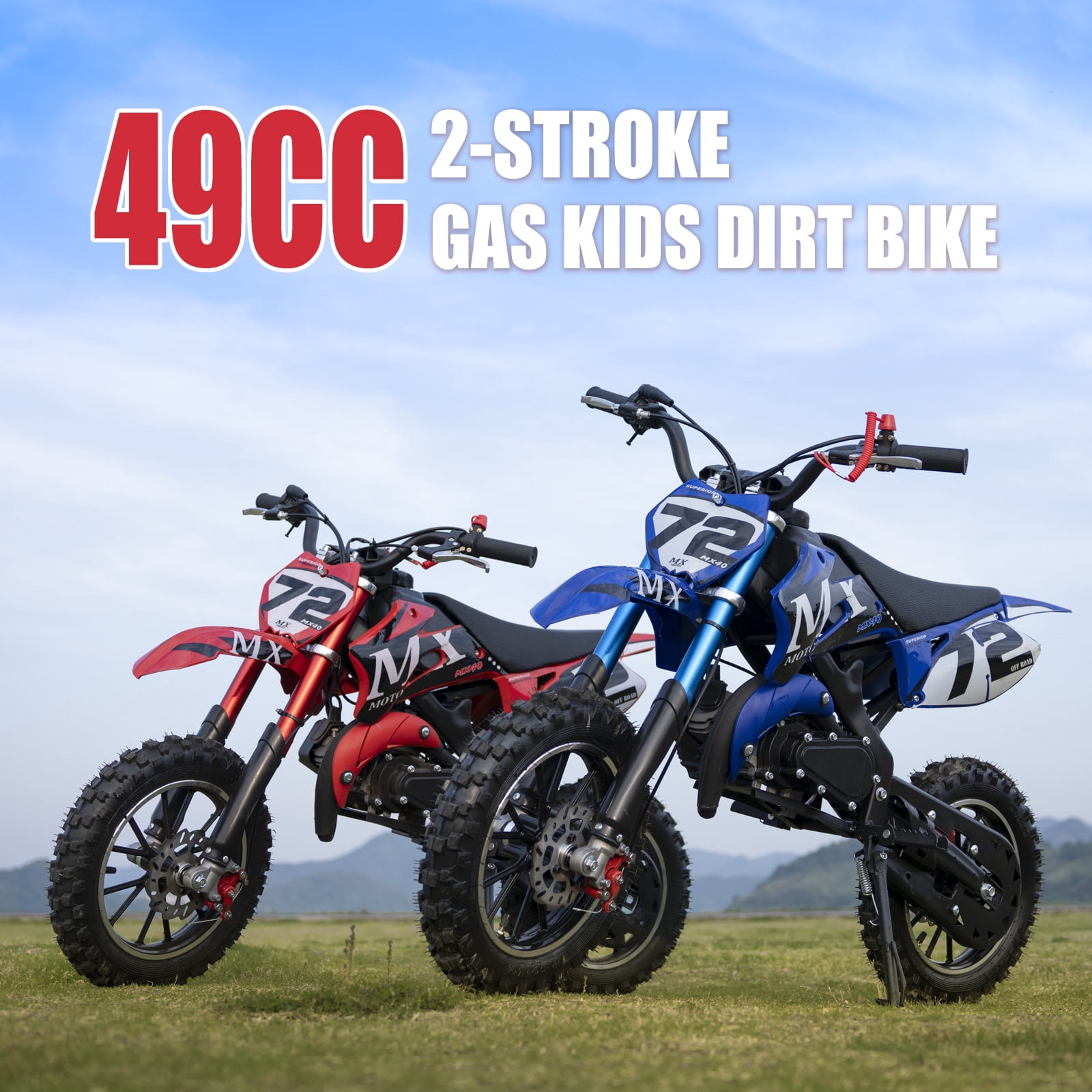 MX Moto 49CC Kids Dirt Bike, 2-Stroke Gas Powered off Road Motorcycle, Tire Shock Absorber Spring Soft Seat Cushion with F & R Disc Brake, Max Speed 24 mph, with Armor