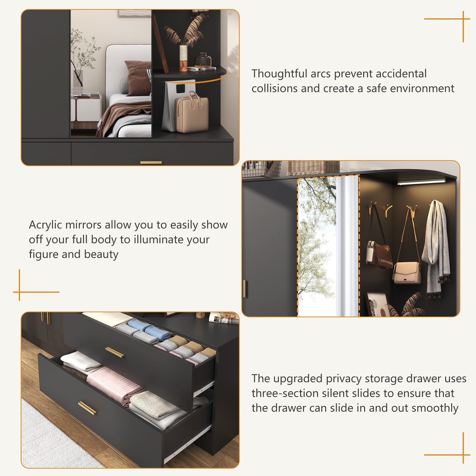 Blotout 3 Door Armoire Wardrobe Closet with Mirror & Sensor Lights, 70'' Large Wardrobe Armoire with 2 Drawers & Shelves, Modern Wooden Armoire Storage with Hanging Rod for Bedroom, Black