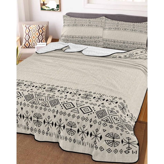Beige Black Boho Twin Size Down Alternative Comforter, Lightweight Comforter Quilt Bedding Set with Pillow Shams Vintage Ethnic Tribe Abstract Art All Seasons Bed Comforter Duvet Insert 68"x86"