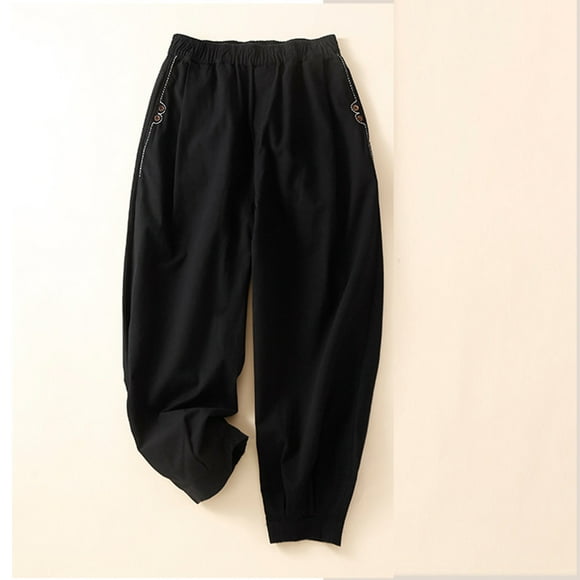 zanvin Pants Linen for Women, Clearance Women'S Solide Élastique Brodé Cotton Chanvre Capris Travail Pants Femmes Noir