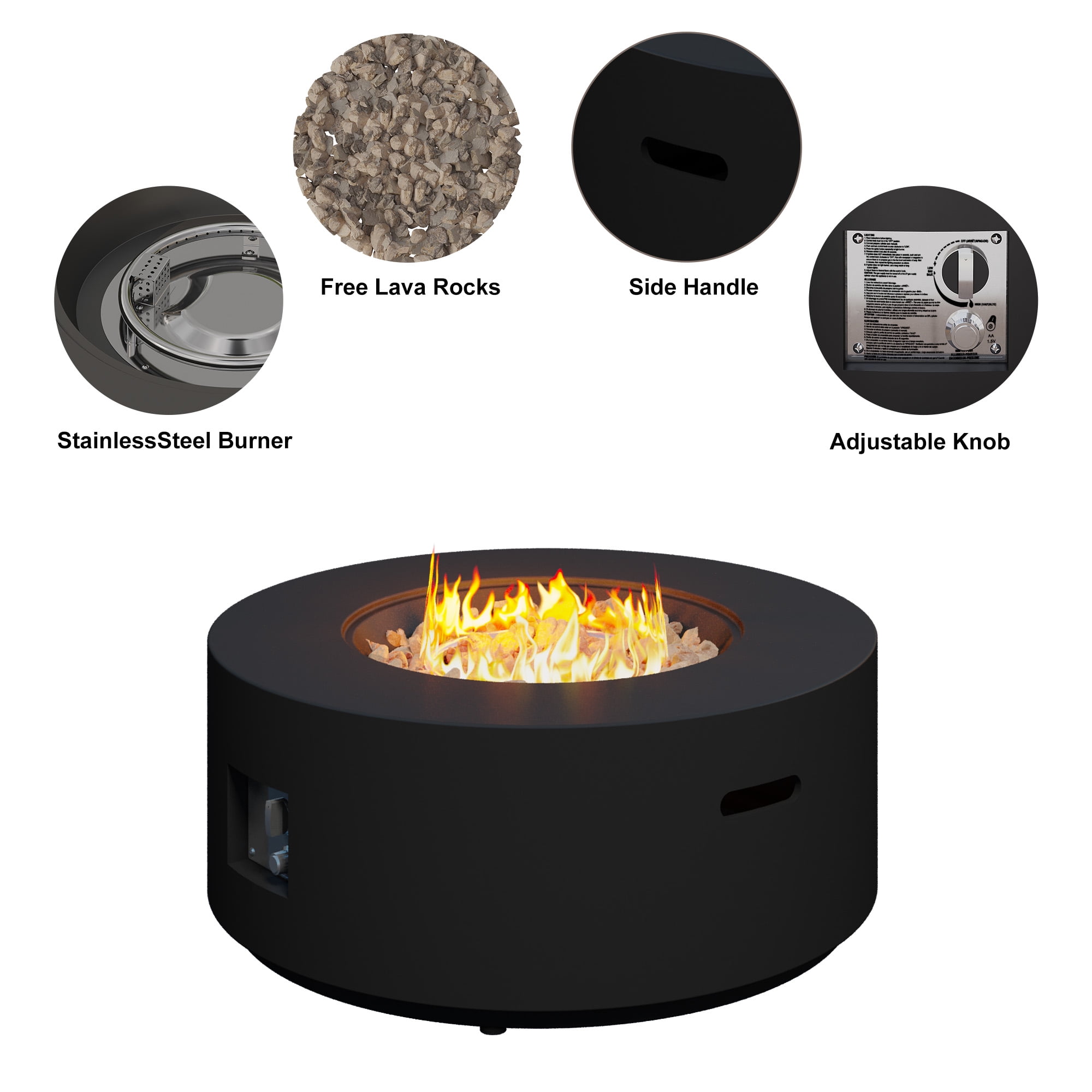 HongTaoK 32.5" Round Propane Fire Pit Black 50K BTU with Lava Rocks, and Eco-friendly, Black
