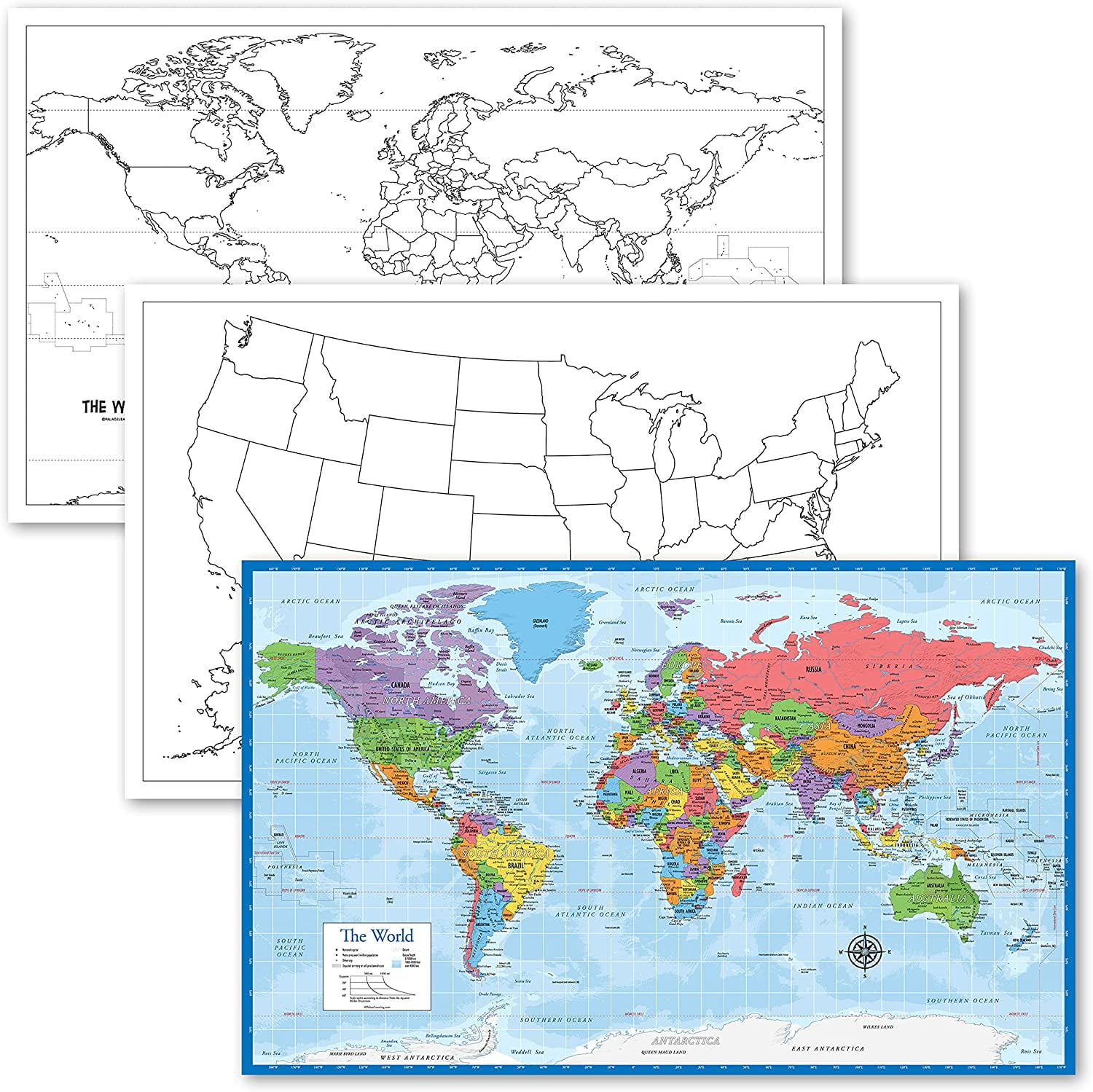 3 Pack - USA & World Map Blank Outline Posters + World Map [Blue Ocean ...