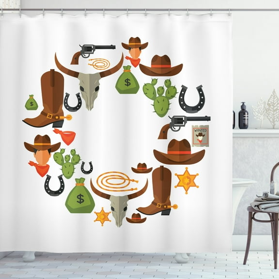Rodeo Shower Curtain, Vintage Wild West Theme with Cowboy Horseshoe Print, Fabric Bathroom Set with Hooks, 69W X 84L Inches Extra Long, Cinnamon Lime Green Charcoal Grey, by Ambesonne