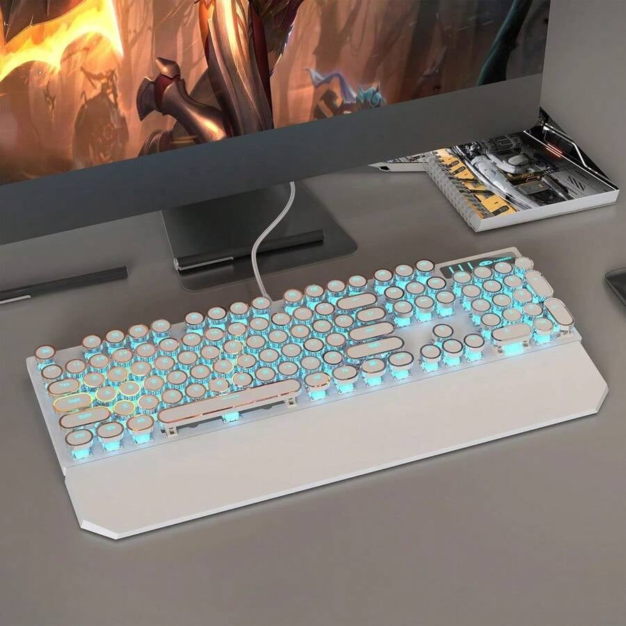 XX Typewriter Mechanical Gaming Keyboard, Retro Black Punk Round Keycaps RGB Rainbow Backlit Wired Keyboards For Laptop PC Gamer, With Magnetic Wrist Rest - Blue Switch