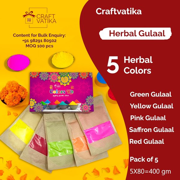 Kit de Couleurs Holi Biologique Lot de 5 Saveurs X 80g - Couleurs Orange, Jaune, Rouge, Rose & Vert Holi Gulal Biologique pour Famille - Non Toxique, Cadeaux Holi Sûrs pour la Peau, Couleurs Facilement Amovibles