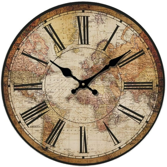 Retro Wall Clock, Vintage World Compass Map Travel Lover Inch