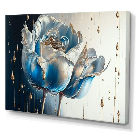 Designart Ice Blue And Gold Paint Drip Tulip I Canvas Wall Art