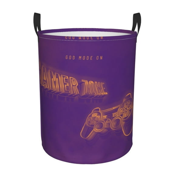 XMXY Round Laundry Basket Organizer, Game Zone 3D Effect Vintage Purple Print Waterproof Collapsible Dirty Clothes Basket Laundry Hamper, Medium Size