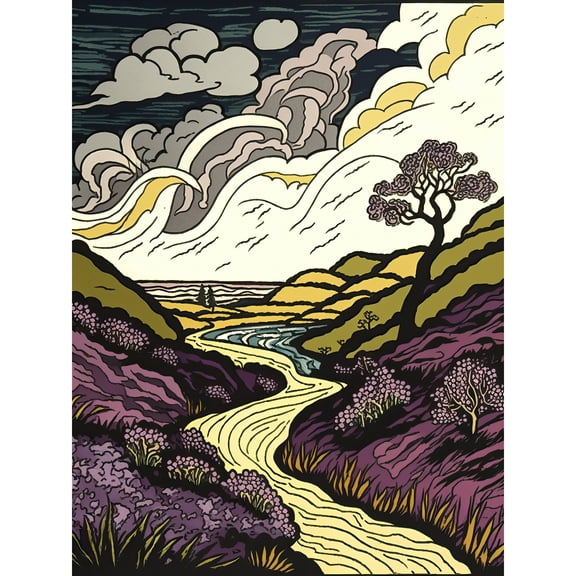Scottish Countryside Path with Purple Heather Large Wall Art Poster Print Thick Paper 18X24 Inch