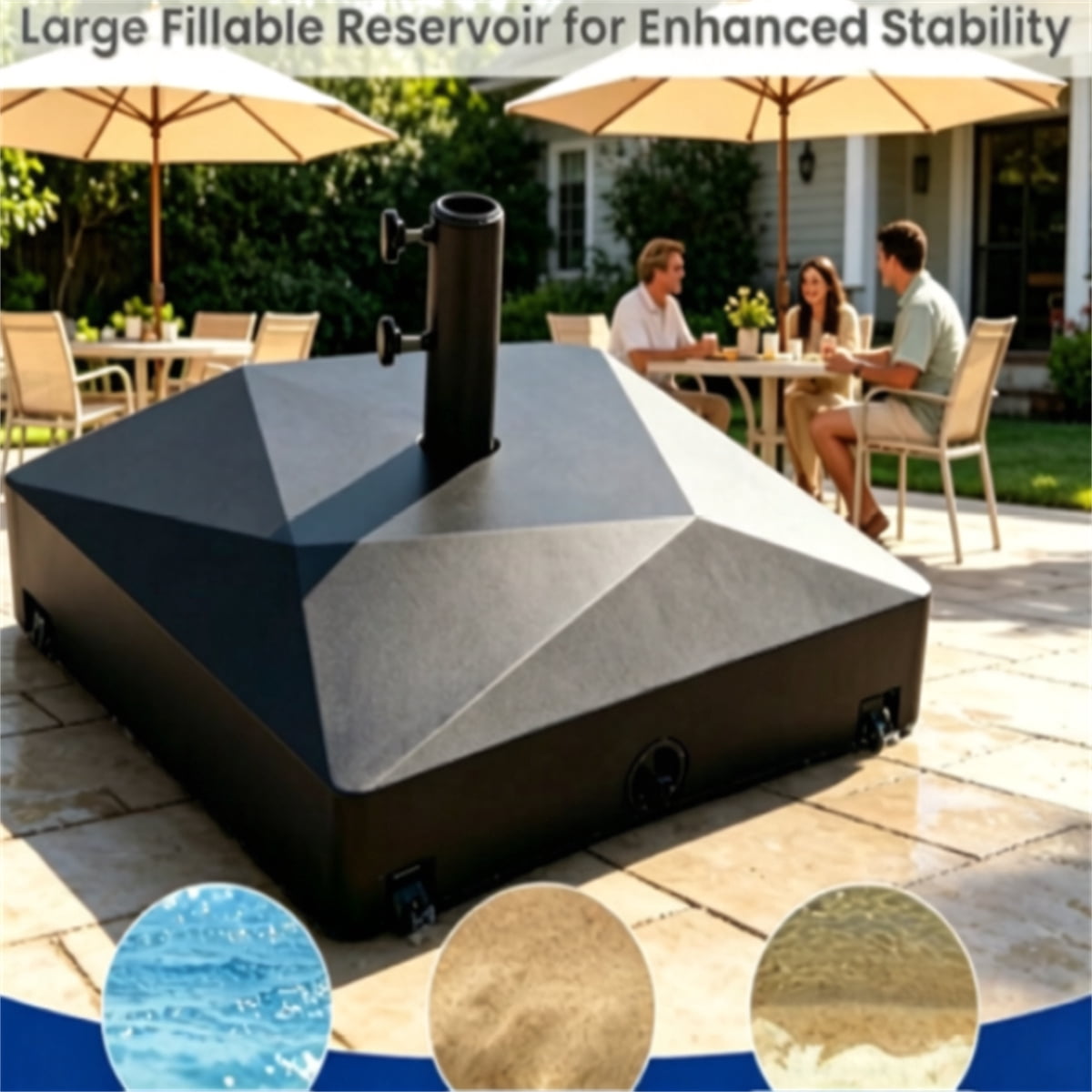 Fillable Patio Umbrella Base with 4 Lockable Rolling Wheels Heavy Duty Water Sand Weighted HDPE Umbrella Stand Universal Umbrella Holder for 6–10 FT Outdoor Patio Umbrella