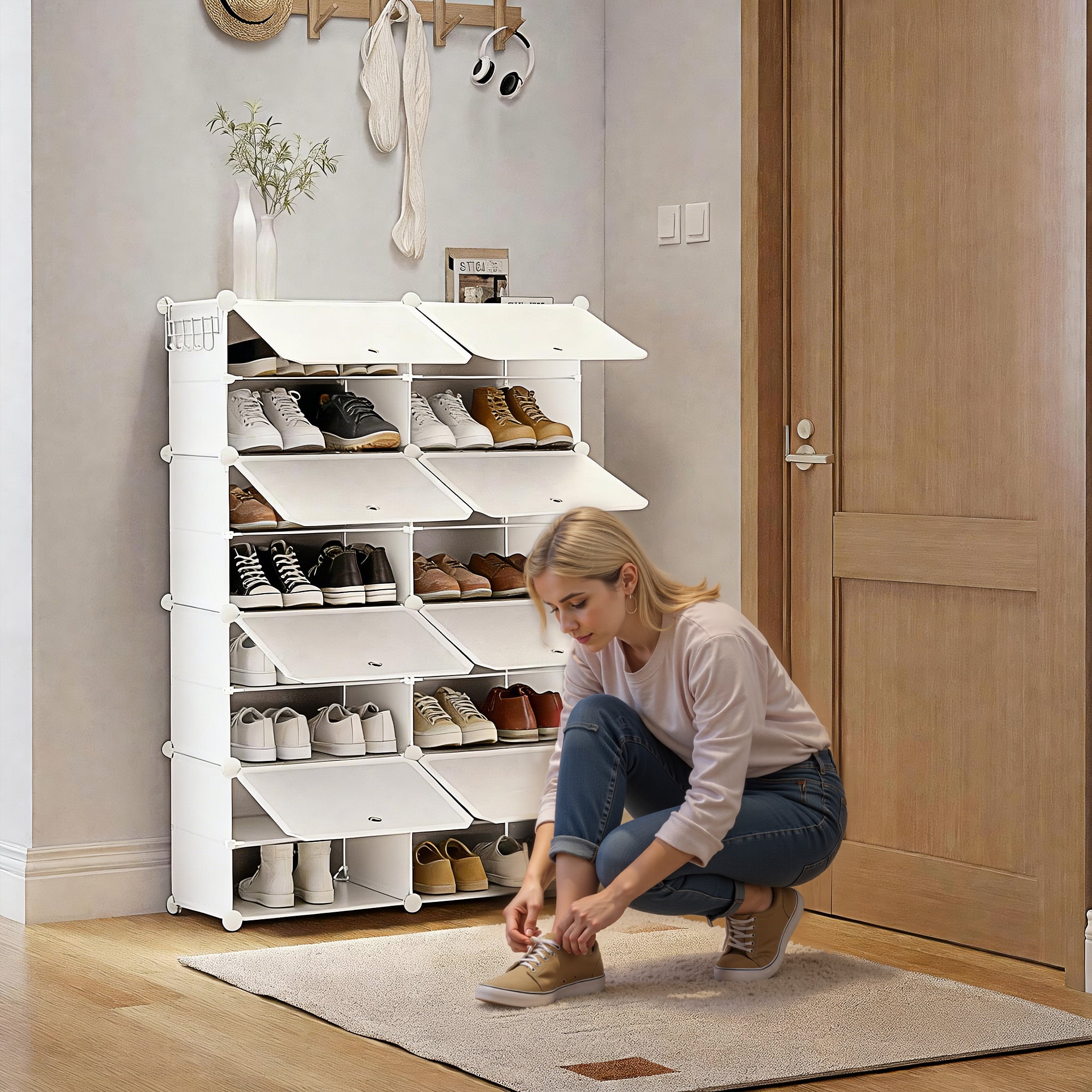 EDX 6-Tier Shoe Rack with Side Hooks, 24-Pair Capacity Sturdy Metal Frame Storage Organizer, White and Black Plastic Panel Shelf for Entryway, Bedroom, and Dressing Room(white and black)