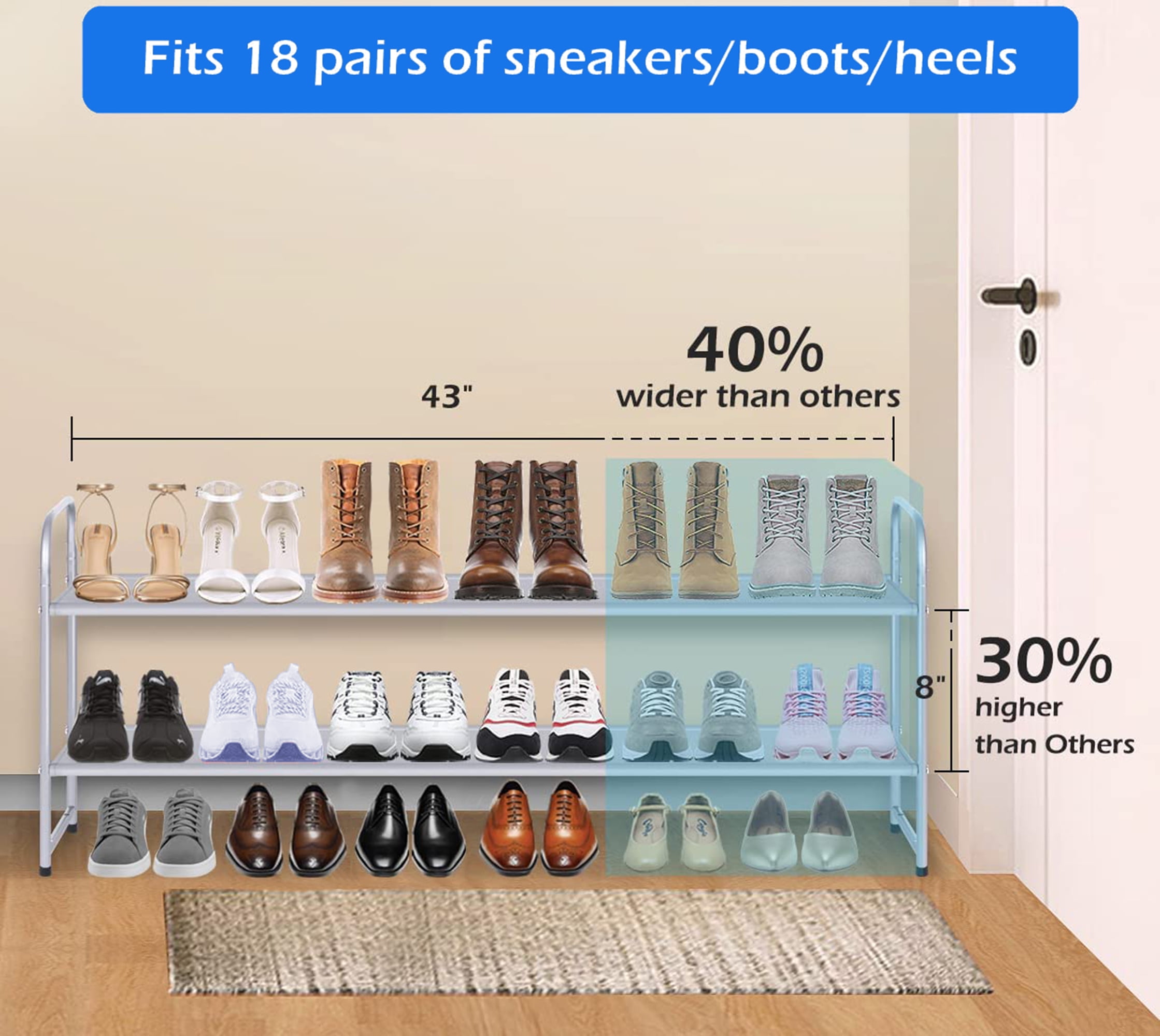 AOODA Long 2 Tier Shoe Rack for Closet Metal Wide Stackable Shoe Storage  Organizer for Entryway, Bedroom, Floor, 18-Pairs Low Shoe Shelf, Black