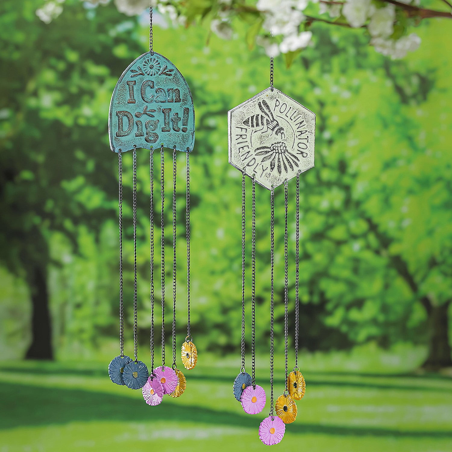 Artisan Cast Aluminum Wind Chime Mobile, I Can Dig It with Florals