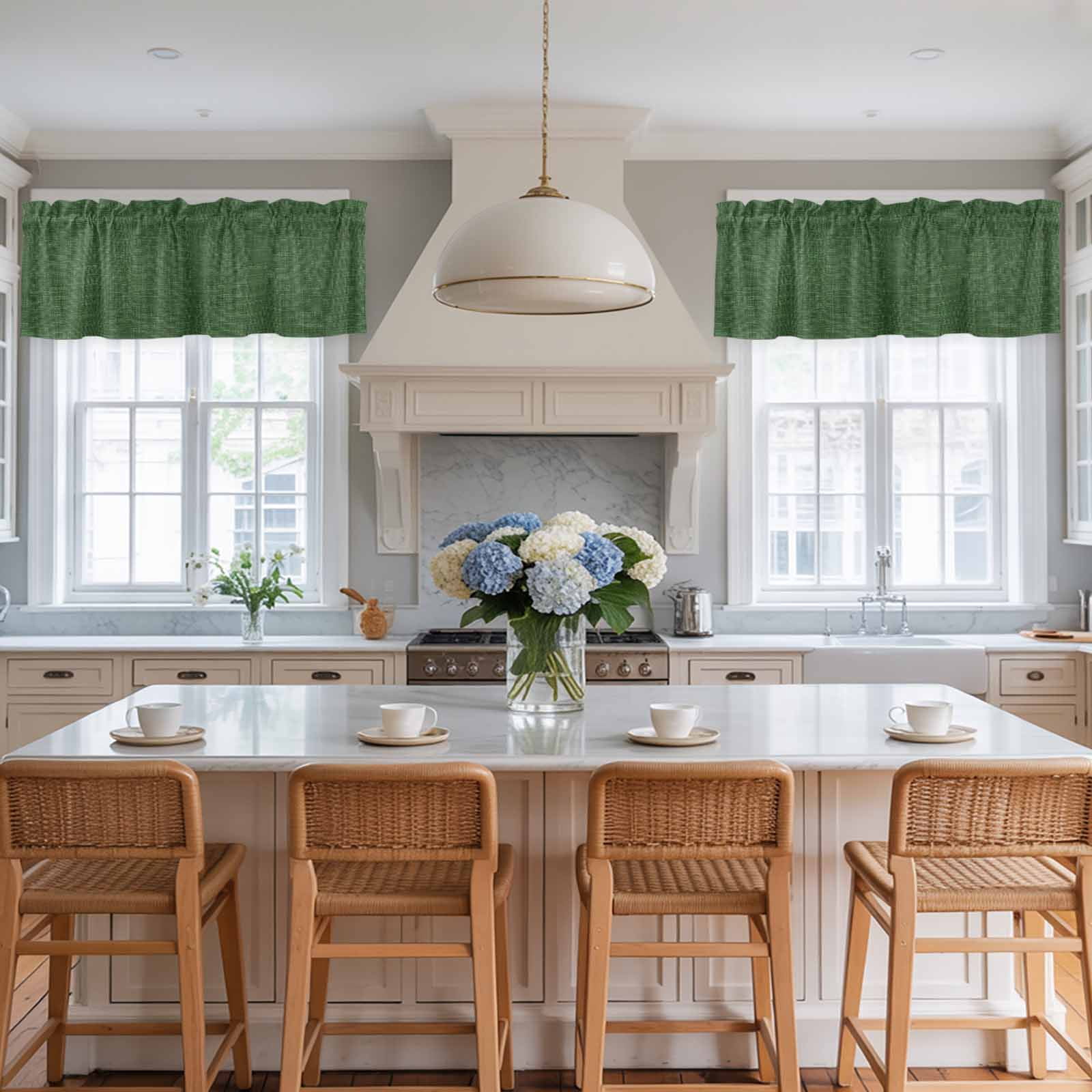 Valances for Windows, Dark Green Burlap Texture Kitchen Curtains Valances 2 Pack for Living Room Bedroom Bathroom, Farmhouse Vintage Green Light Filtering Curtains Rod Pocket Valance 42"x12"
