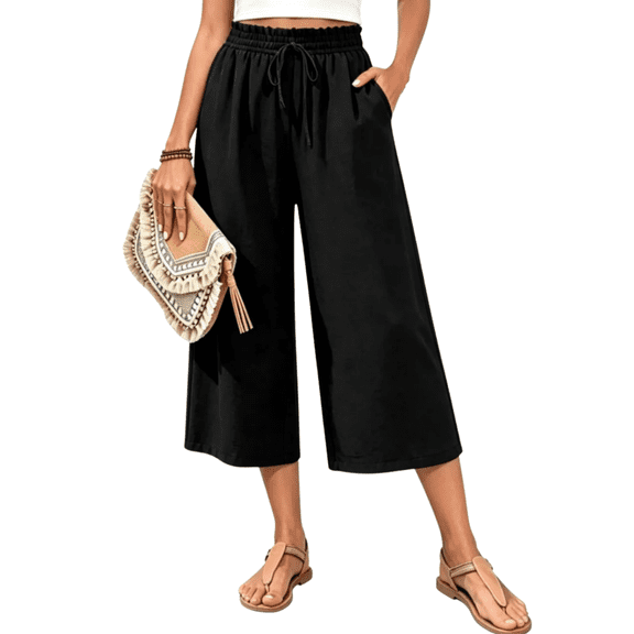 Nicelf Capris Pants for Women, Summer Wide Leg Pants Woman with Pockets High Waist Drawstring Elastic Waist, Comfy Casual Pants for Women Loose Lounge Cropped