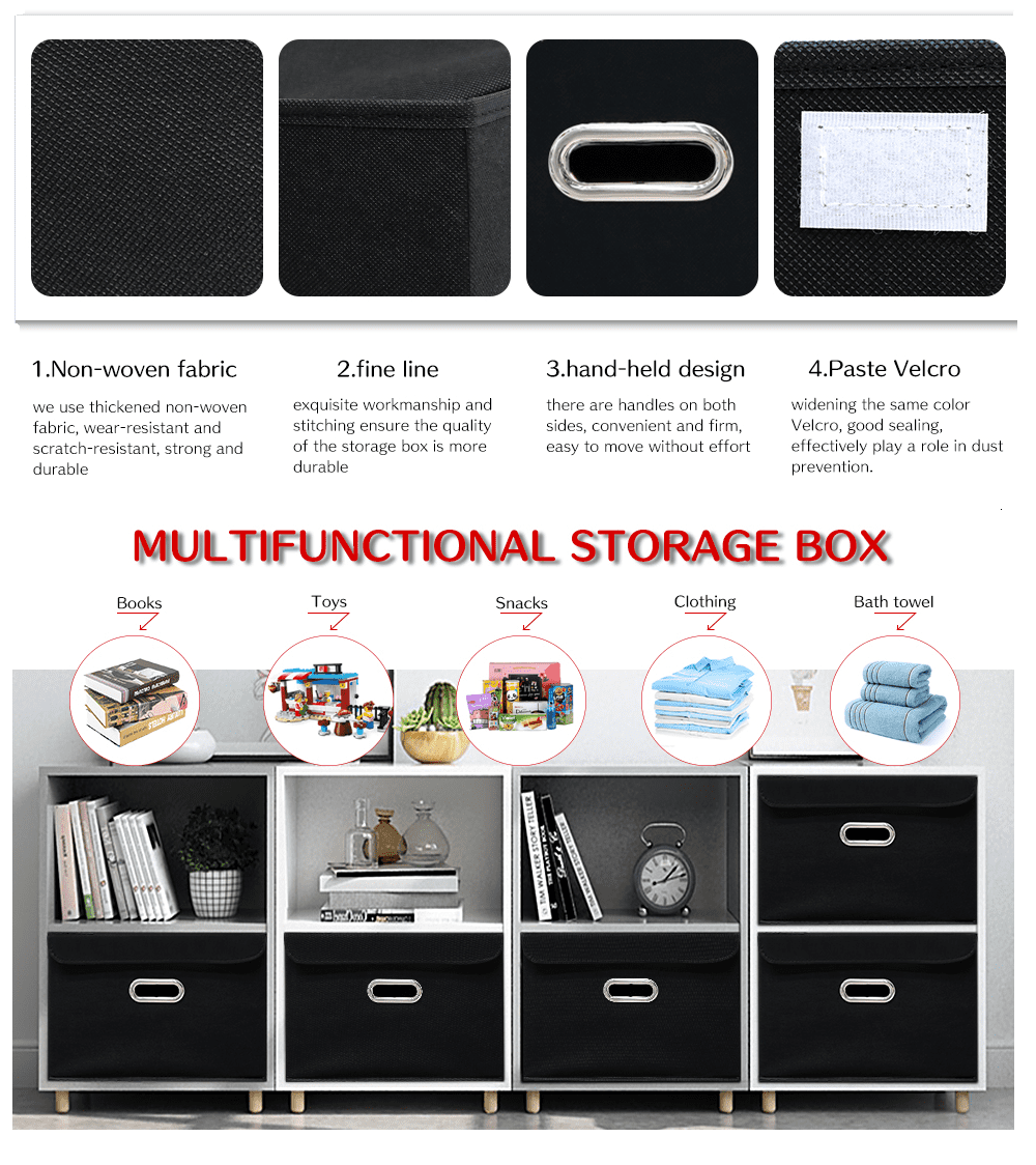 Bevtee Fabric Storage Bins with Lids, 3pc Storage Basket, Collapsible Cube Organizer Container, Metal Handles, for Bedroom, Closet, Black