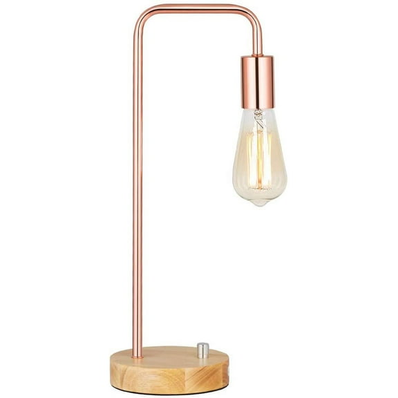 Industrial Nightstand Lamp with Wooden Base, Metal Rose Gold