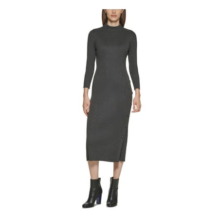 CALVIN KLEIN Womens Gray Ribbed Button Front Side 3/4 Sleeve Mock Neck Midi Wear To Work Sweater Dress M