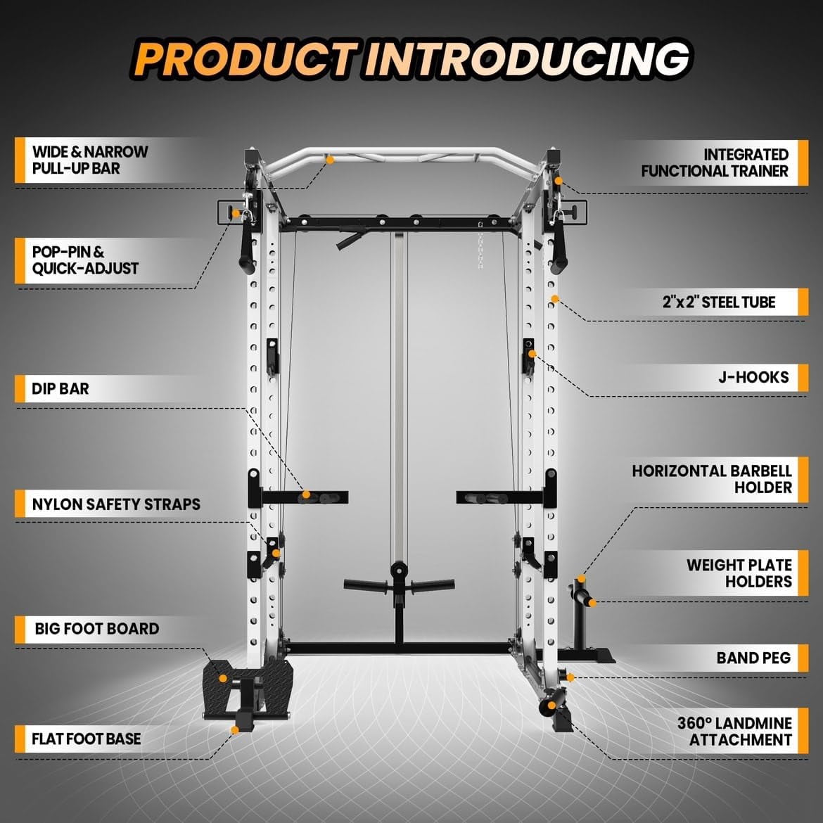 Hetoy Power Cage, Multi-Function Workout Cage with Cable Cross-Over System, Squat Rack Home Gym with LAT Pull Down System, Strength Training Squat Rack, Power Racks for Home Gym,White