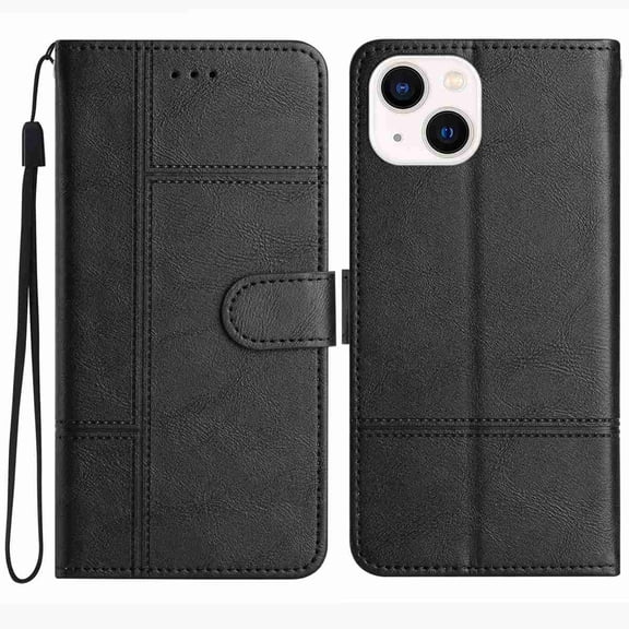 for iPhone 13 Wallet Case, Rugged PU Leather Phone Cover with 2 Card Slots & Cash Pocket & Wrist Strap & Kickstand Shockproof Soft TPU Protective Case, Black