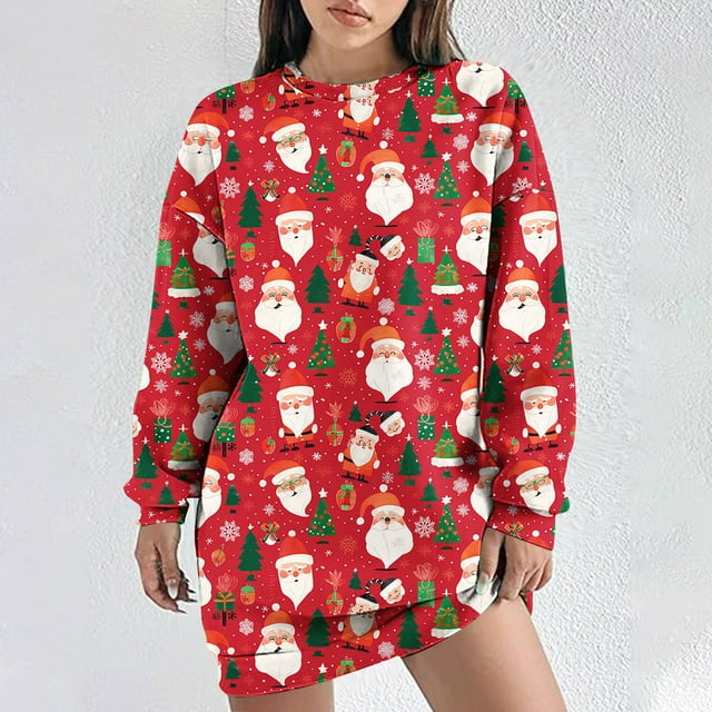 RKSTN Robes pour Femmes Décontractées Couleur Unie Col Rond Imprimé de Noël Robe à Capuche à Enfiler Robes Coupe Ample