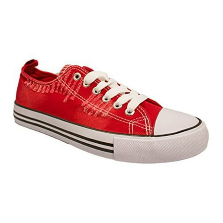- Women's Casual Canvas Shoes Solid Colors Low Top Lace Up Flat Fashion Sneakers (10, Ripped Red)