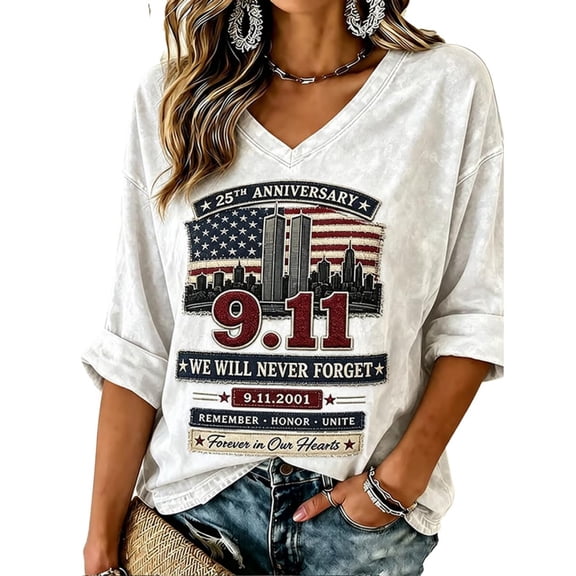 Womens 9/11 25th Anniversary Shirt 3/4 Sleeve Patriotic T Shirts | Never Forget 911 Memorial Shirt,Loose V-Neck Graphic T-Shirt,Printed American Flag T-shirt,Casual Tee Tops, XL
