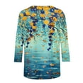 thumbnail image 5 of Women's 3/4 Sleeve Loose Fit Flowy Tunic Tops Dressy Casual Tops Gradient Floral Print Shirts Summer Clothes Vintage Fashion Round Neck Blouse Spring Elegant Shirts Light Blue T Shirts L, 5 of 5