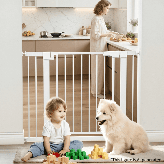 Naipo Baby Safety Gate,29.93~40.55 inch Wide Walk Through Baby Gate Hardware/Pressure Mounting Kit,with 2 Extensions for Age 6 to 24 Months,White