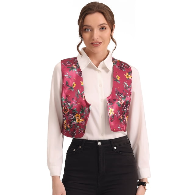 Traje De Navidad Para Mujer Chaleco De Satén Con Cierre De Botón Y Estampado Floral Rosa Roja M