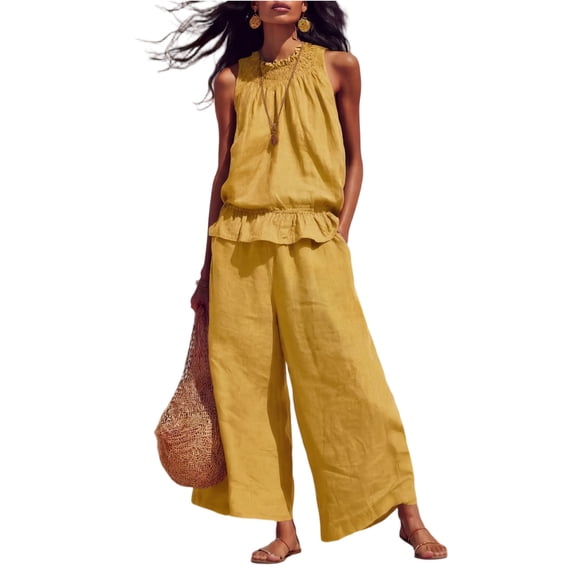 Textilo Cotton Linen 2 Piece Sets for Women Sleeveless Ruffle Top and Wide Leg Pants with Pockets Elastic High Waisted Outfit Trendy 2026 Breathable Summer Travel Casual Outfits Tracksuit,Yellow M