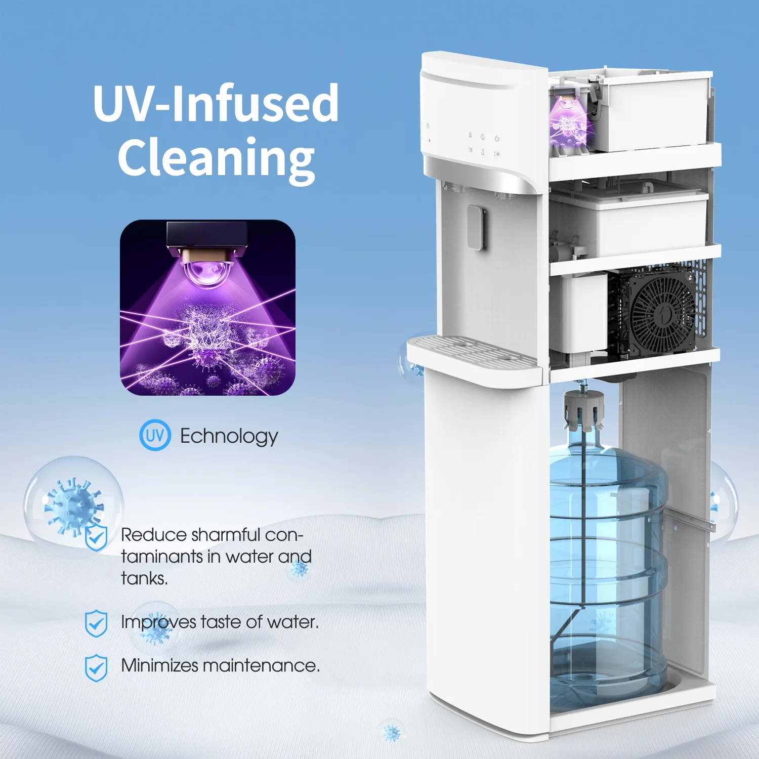 SOOPYK Water Dispenser with Ice Maker Bottom Loader|Fits 5 Gallon Bottles,22lbs Within 24hrs,Water with 3 Temperature,Self-clean & Child Lock,White
