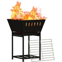 Wood Burning Fire Pit for Outside - 24 Inch Outdoor Fire Pit with Grill, 2-in-1 Square Firepit with Ash Tray and Wood Storage for Camping, Backyard, Patio, Black