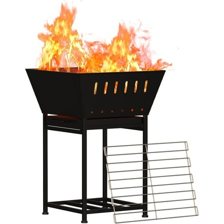 Wood Burning Fire Pit for Outside - 24 Inch Outdoor Fire Pit with Grill, 2-in-1 Square Firepit with Ash Tray and Wood Storage for Camping, Backyard, Patio, Black