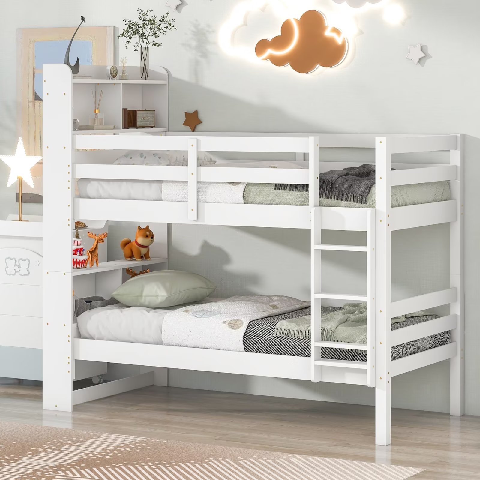 Twin over Twin Bunk Beds with Bookcase Headboard, Solid Wood Low Bunk