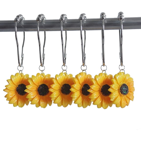12Pcs Sunflower Shower Curtain Hooks Rings for Bathroom Shower Rod, Stainless Steel Rustproof Yellow Flowers Decoration Resin Pendants  Forest Nature Theme Bathroom Home Decor