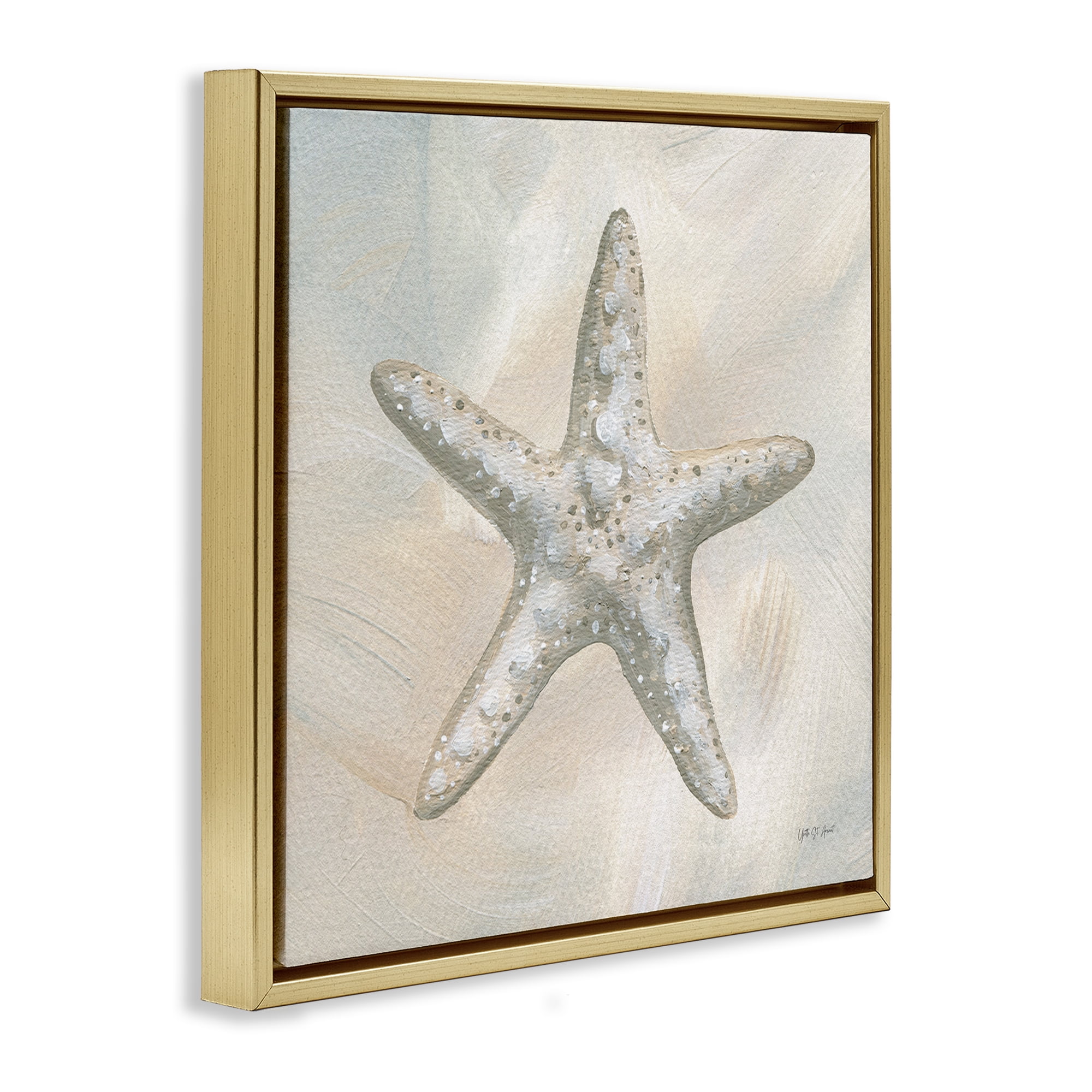 Stupell Industries Simple Beige Starfish Coastal Painting Gold Floater Framed Canvas Art Print Wall Art, 18 x 18