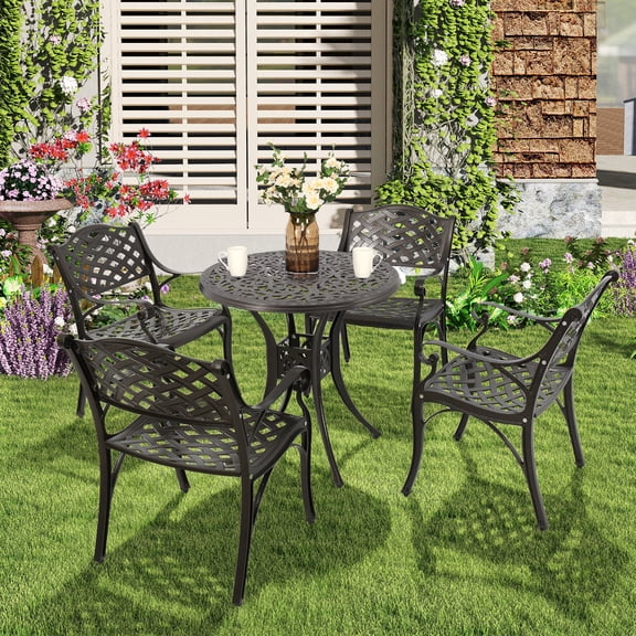 PULUOMIS 5 Piece Patio Bistro Set，Cast Aluminum Antique Copper Outdoor Furniture Round Bar Height Dining Table and Swivel Chairs for Garden, Porch (4 Chair 28" Table)