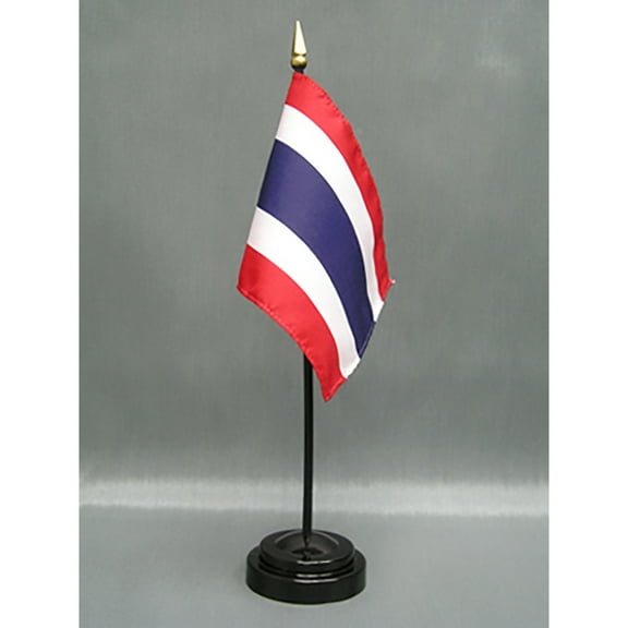 Made in The USA. 2 Thailand Rayon 4"x6" Miniature Office Desk & Little Hand Waving Table Flags Includes 2 Flag Stands & 2 Small Mini Thai Stick Flags, Also Includes Thailand Flag Lapel Pin.