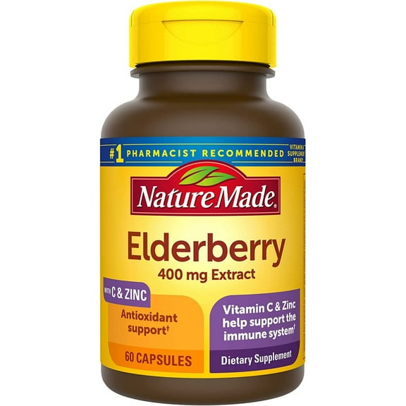 Nature Made Elderberry 400 mg Extract with Vitamin C and Zinc, Dietary Supplement for Immune Support, 60 Capsules, 60 Day Supply