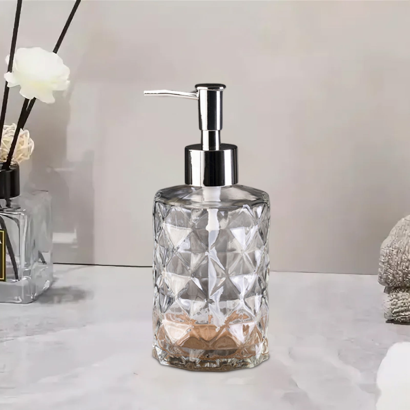 YiJuHui 1pcs Refillable Glass Soap Dispenser Pump Bottle with Diamond Pattern Design for Kitchen and Bathroom Decor