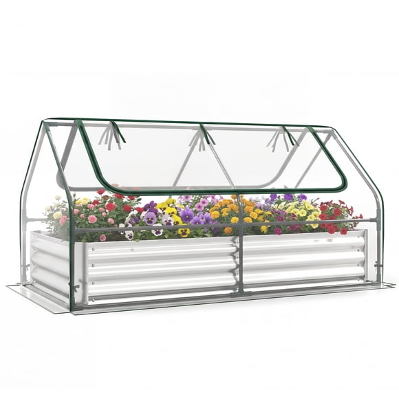 Gymax Galvanized Steel Raised Garden Bed Metal Planter Box Kit w/ Mini Greenhouse Cover Silver& Clear