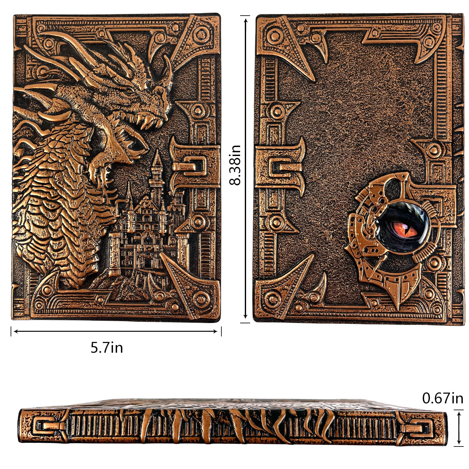 DND Notebook / Journal, with 3D Bronze Dragon Embossed Faux Leather Cover Ideal for Dungeons & Dragons / D&D. Great RPG Accessories Nerdy Fantasy Gift for DM's & Players, Men or Women. Red Copper