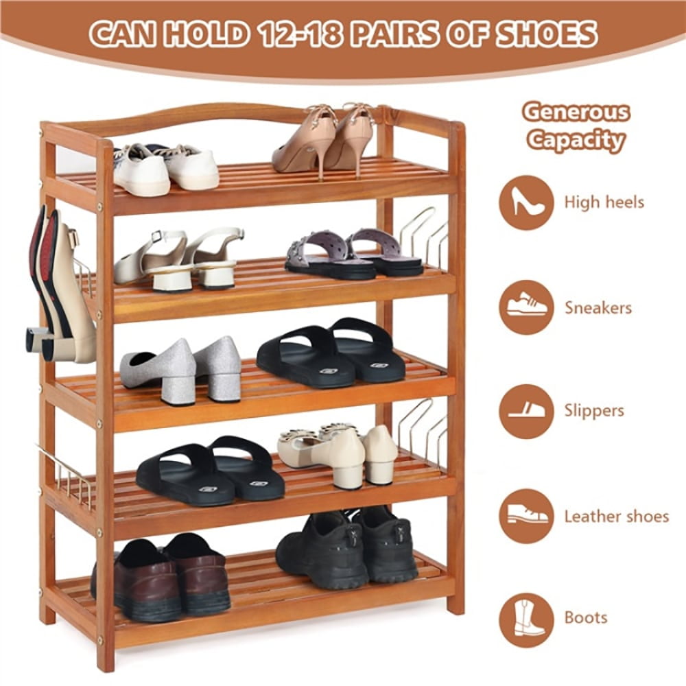 Spaco 5-Tier Acacia Wood Shoe Rack with Side Metal Hooks, Shoe Storage Organizer for Entryway & Closet