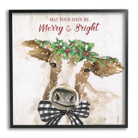 Stupell Industries Merry & Bright Holiday Cattle Holiday Painting Black Framed Art Print Wall Art