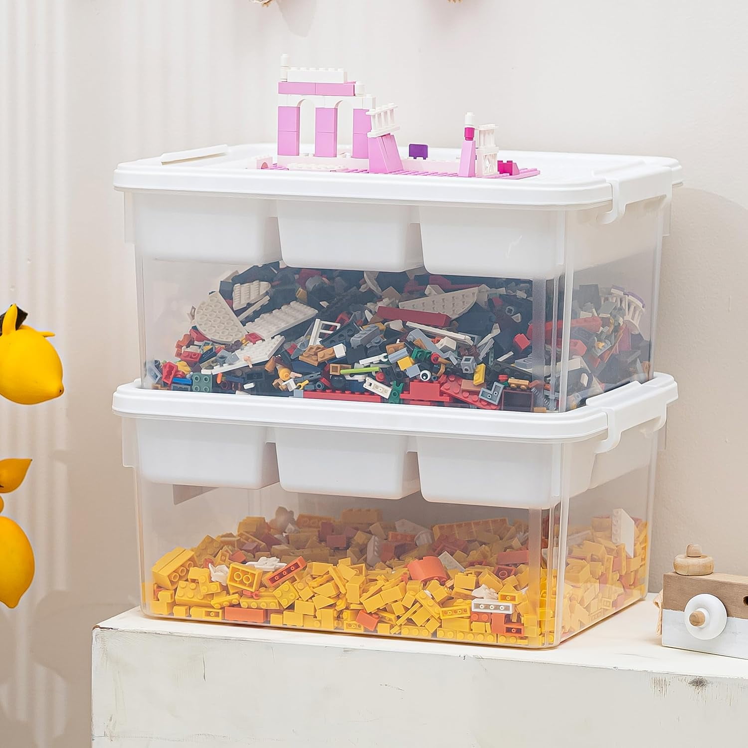 Sunny Lane 17 QT Storage Bins with Building Baseplate Lid and Removable Tray Large Plastic Storage Bins Lego Organizers and Storage Bead, Tool, Sewing, 4 Packs