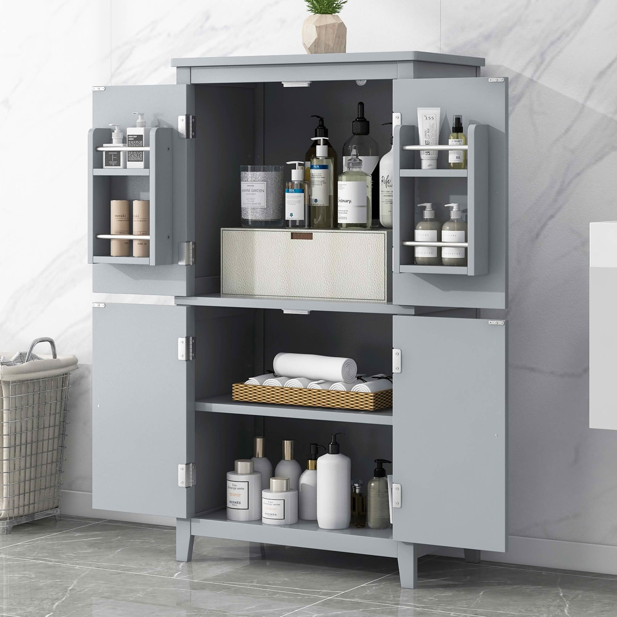 MAYEERTY Elegant Bathroom Cabinet Freestanding 4 Doors Adjustable Shelves Gray