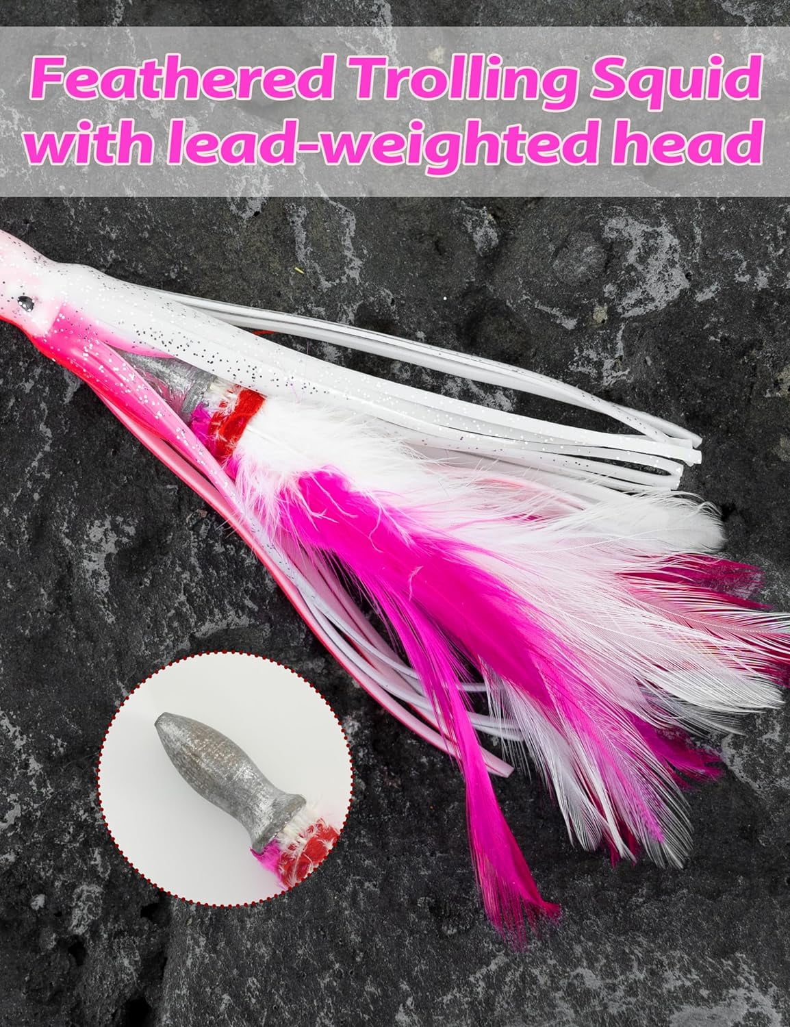 BLUEWING Tuna Feather Daisy Chain Squid Chain Fishing Teaser Lure with 4in Feathered Trolling Squids and Stainless Steel Trolling Hook Big Game Trolling Lure for Tuna Mahi Wahoo Marlin, Pink