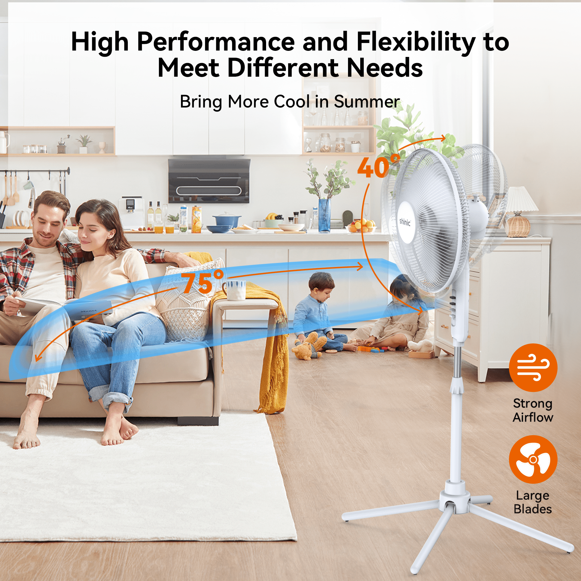 Shinic 16" 3-Speed Oscillating Pedestal Fan with Folding Base, Adjustable Height and Tilt,41"- 47", White