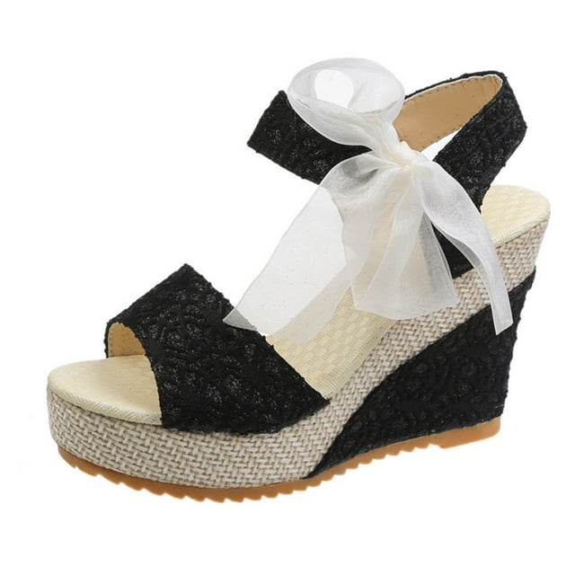 Économies d'Été! PEZHADA Sandales à Plateforme Compensée pour Femmes Mode Sandales à Bandage Solides Talon Compensé Chaussures de Plage Décontractées Bride Cheville Bout Ouvert pour Mariage Fête Robe